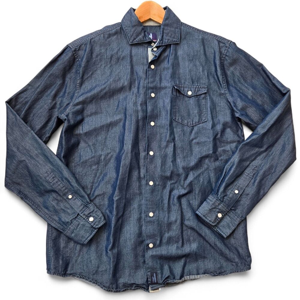 Johnnie-O Mens M Pearl Snap Shirt Blue Cotton stretch Long Sleeve Contrast‎ EUC!
